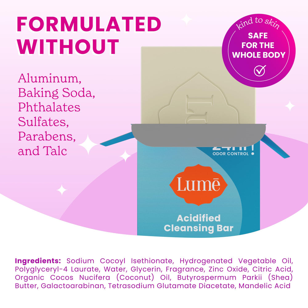 pH-optimized formula of Lume bar supports balanced skin after cleansing.