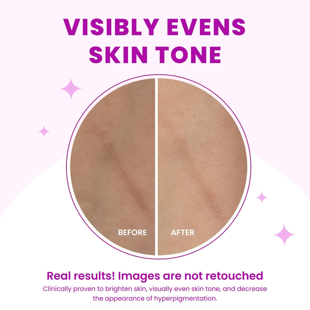 Bar beside smooth, even-toned skin after use demonstrates subtle toning effect.