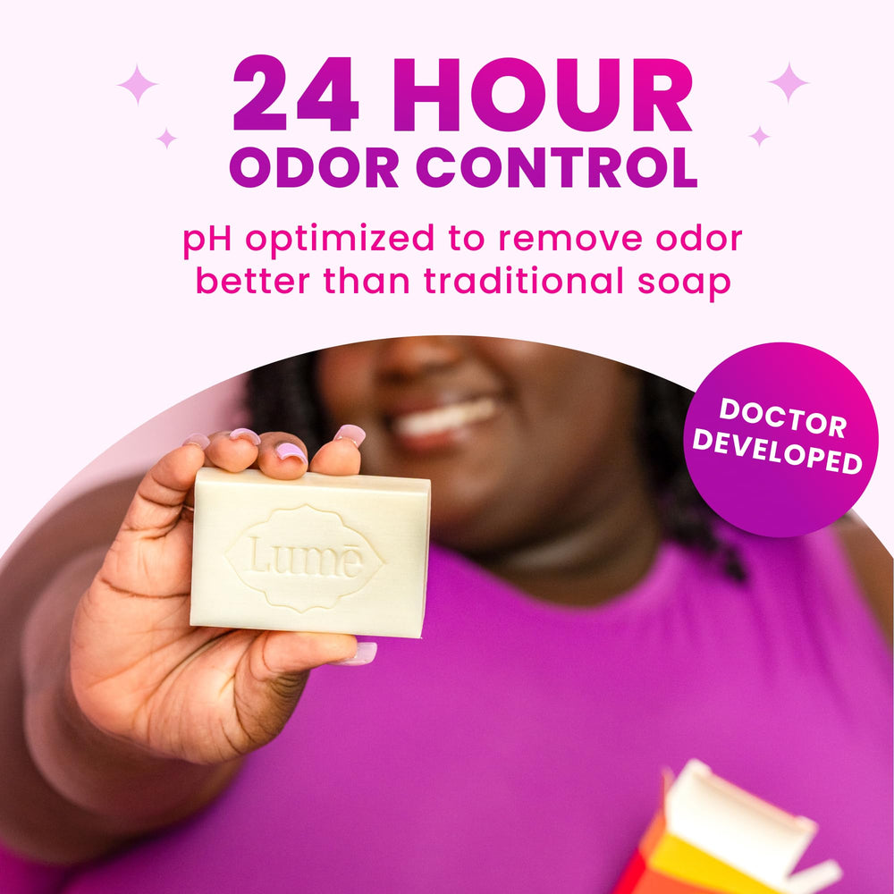 Unscented Lume bar ideal for fragrance-free odor control in daily hygiene.