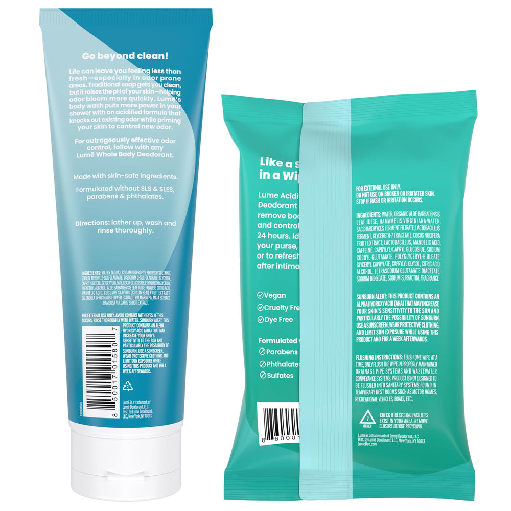 Lume acidified body wash ingredients label closeup.