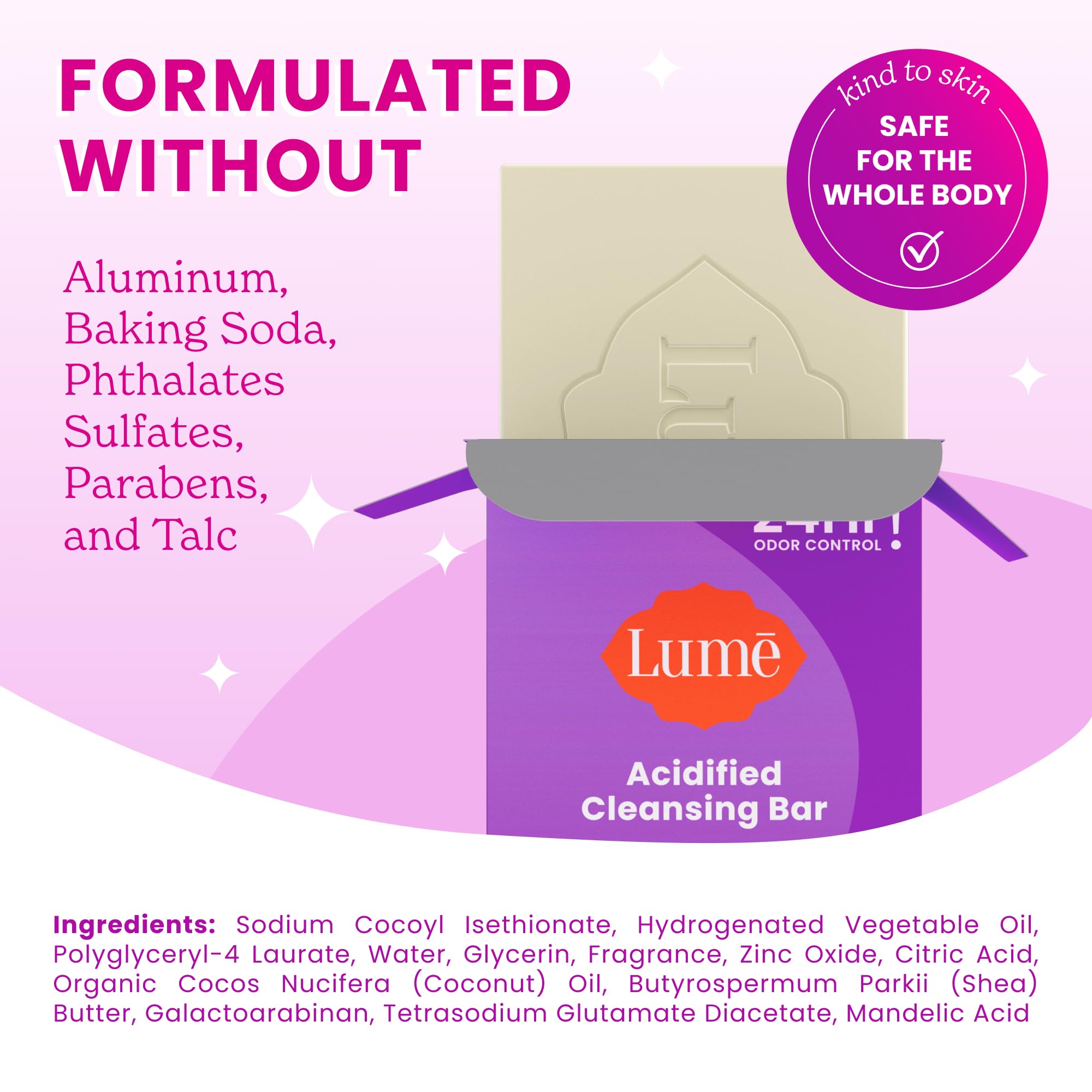 Lume Acidified Cleansing Bar delivers 24-hour odor control after shower