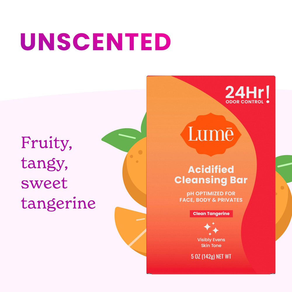 Lume Acidified Cleansing Bar fresh citrus scent boosts shower mood.