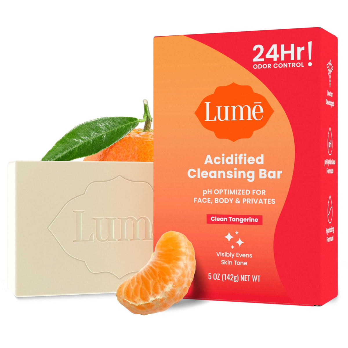 Lume Acidified Cleansing Bar packaging closeup highlighting odor control benefits.
