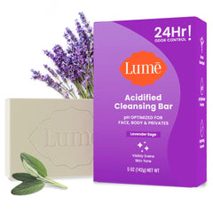 Lume Acidified Cleansing Bar packaging highlights 5 oz bar and odor-control features