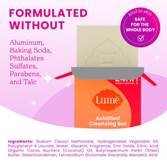 Lume Acidified Cleansing Bar water drop detail suggests fresh feel.