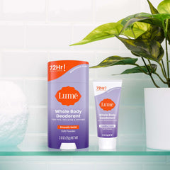 Lume aluminum-free and baking soda-free formula safe for skin.