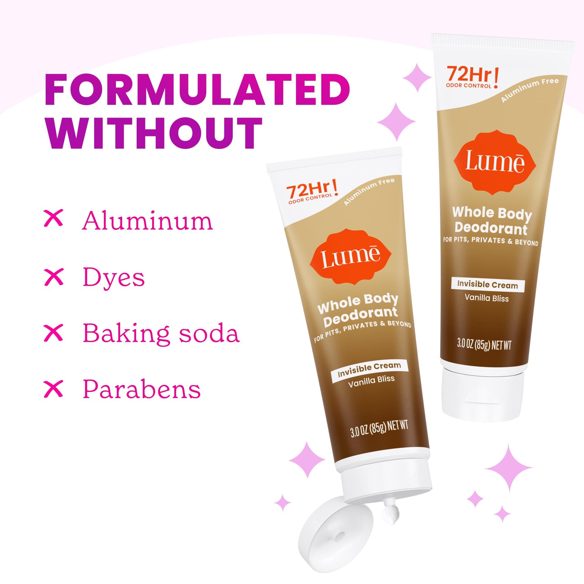 Lume emphasizes aluminum free and baking soda free formula for sensitive skin.