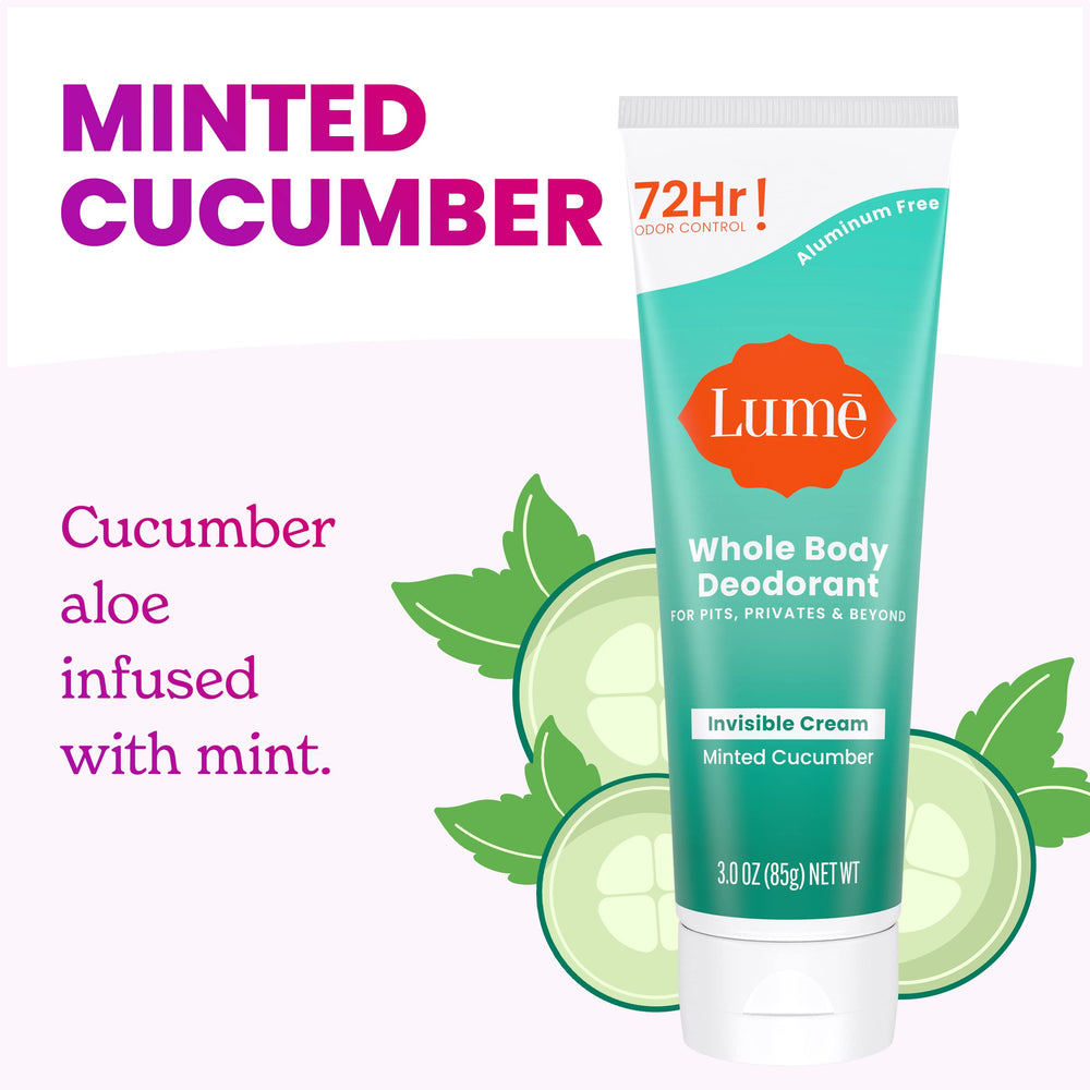 LUME Minted Cucumber application on underarm demonstrating quick rub-in.
