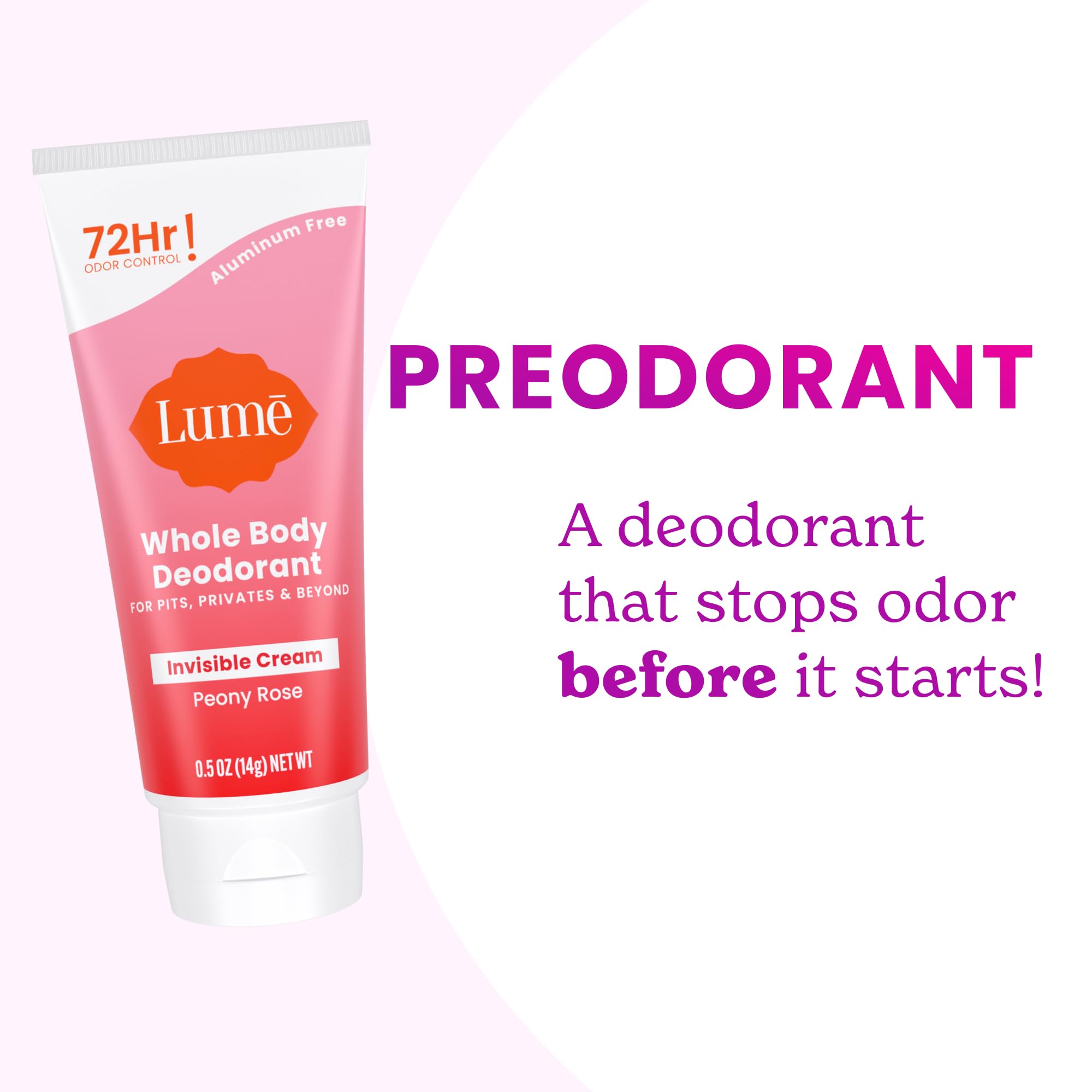 Lume Baking soda free formula shown as skin-friendly option.