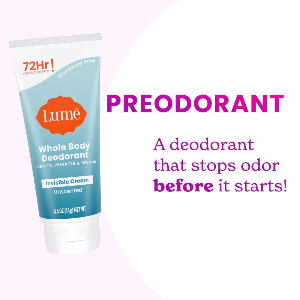Lume baking soda-free formula recommended for sensitive skin areas.