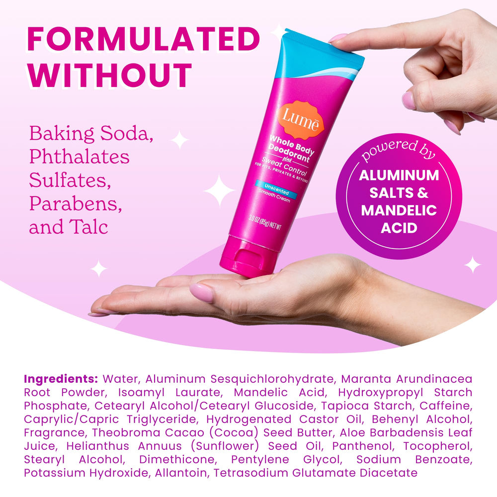 Lume baking soda-free label emphasizes gentle care for skin.