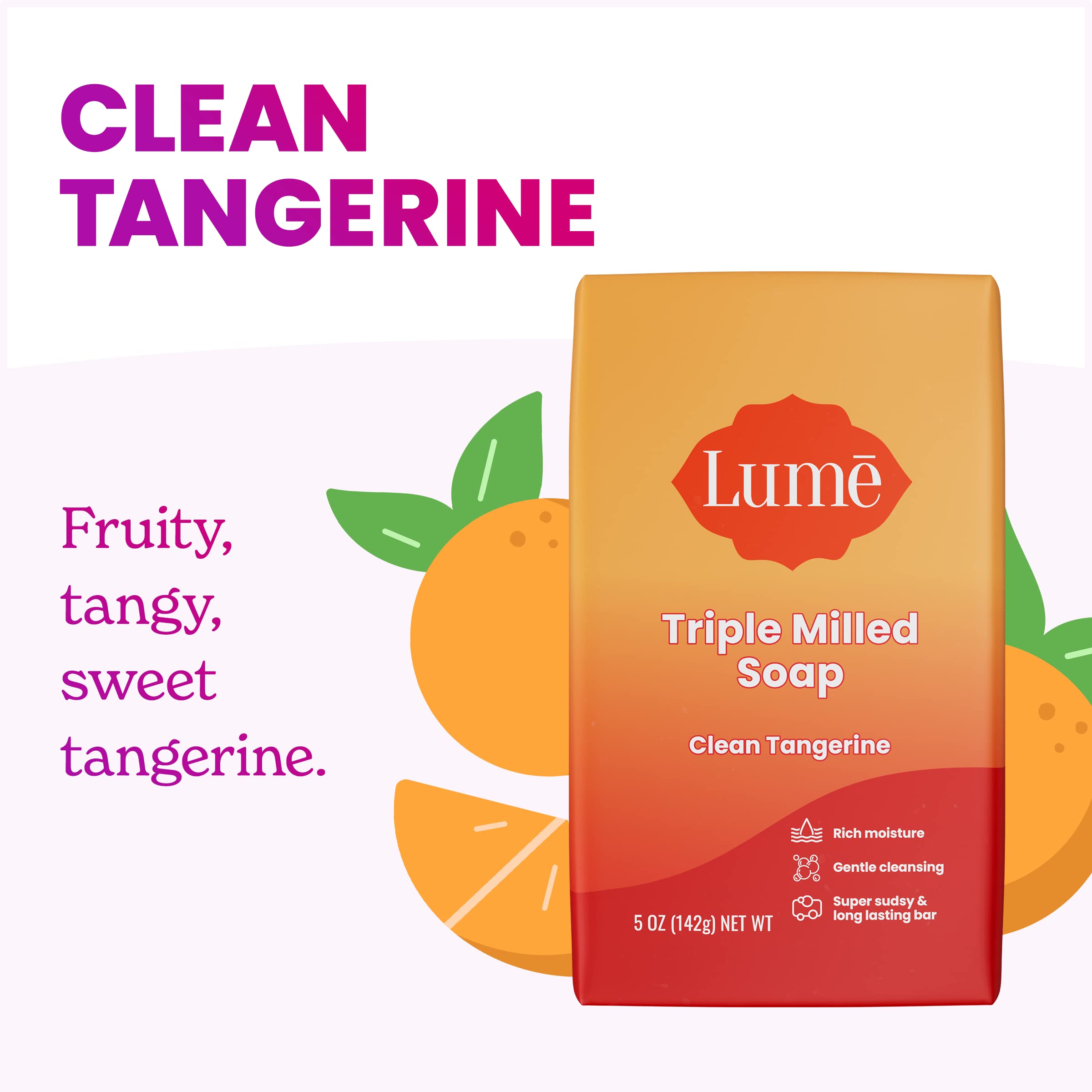 Lume bar soap packaging highlighting skin-safe ingredients and no harsh chemicals