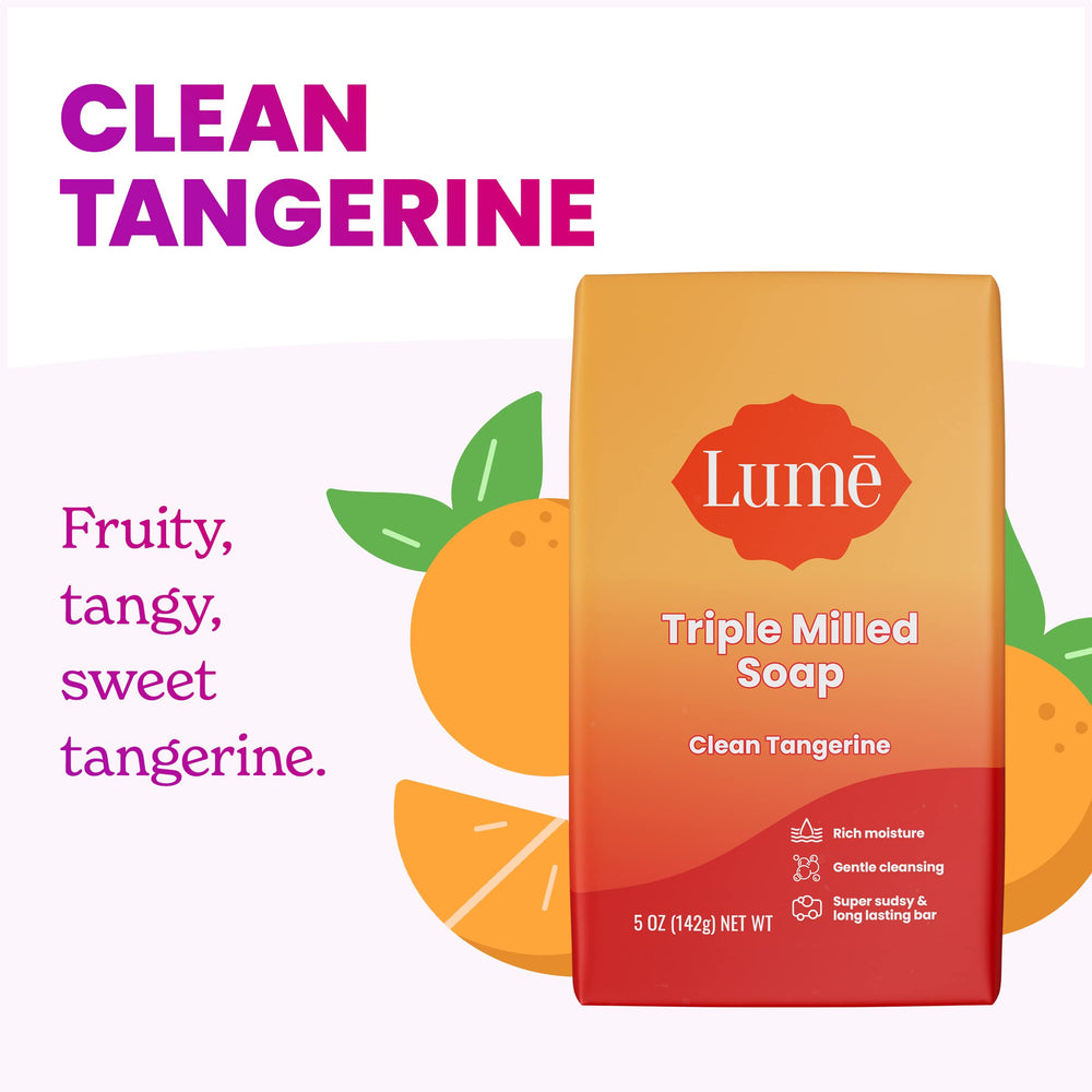 Lume bar soap packaging highlighting skin-safe ingredients and no harsh chemicals