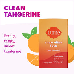 Lume bar soap packaging highlighting skin-safe ingredients and no harsh chemicals