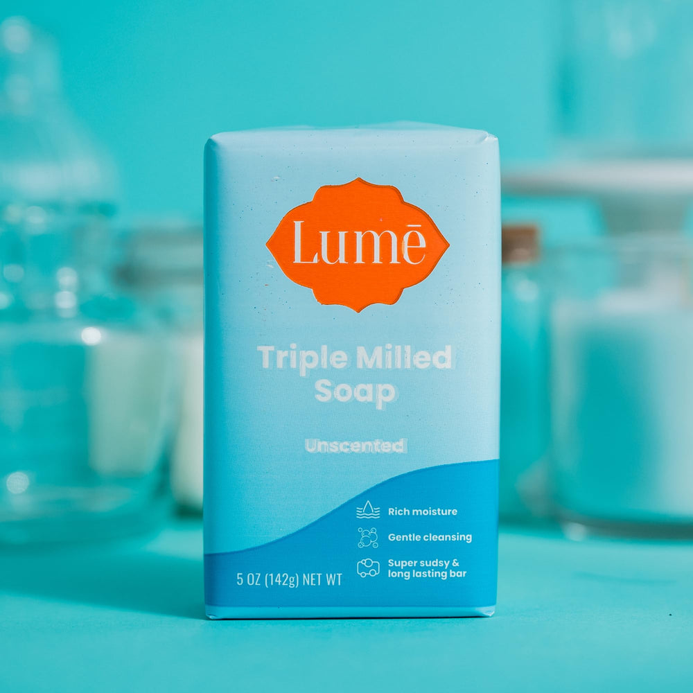 Lume bar soap in shower for daily fragrance-free cleanse