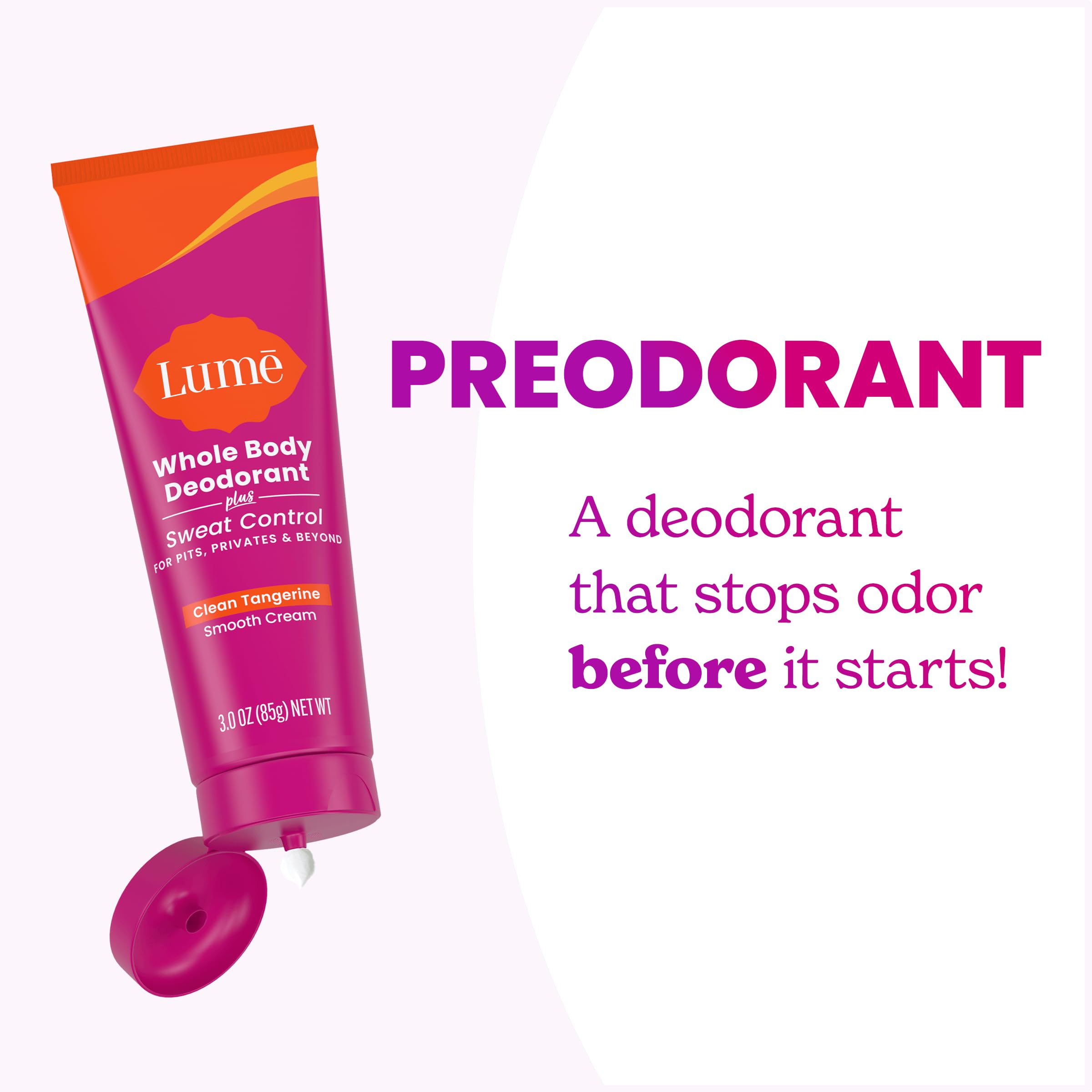 Lume clean-tangerine scent with smooth-cream rub-in.