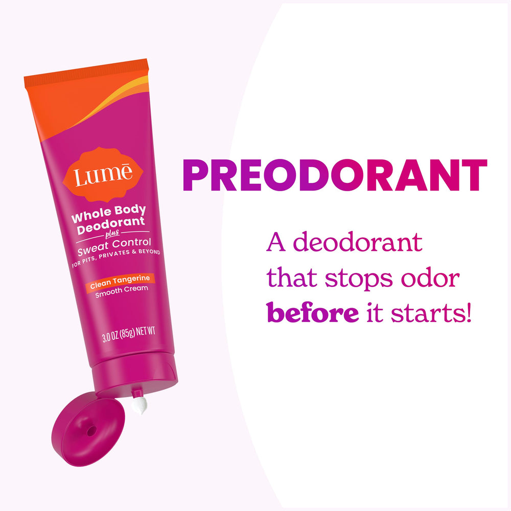 Lume clean-tangerine scent with smooth-cream rub-in.