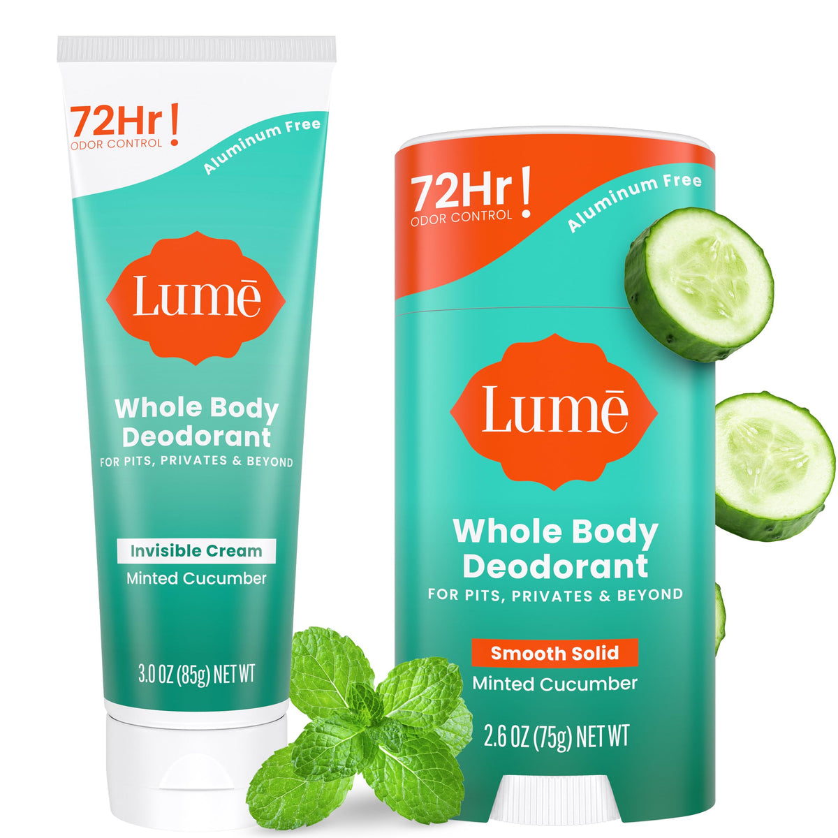 Lume mint cucumber cream tube closeup for long-lasting odor control.