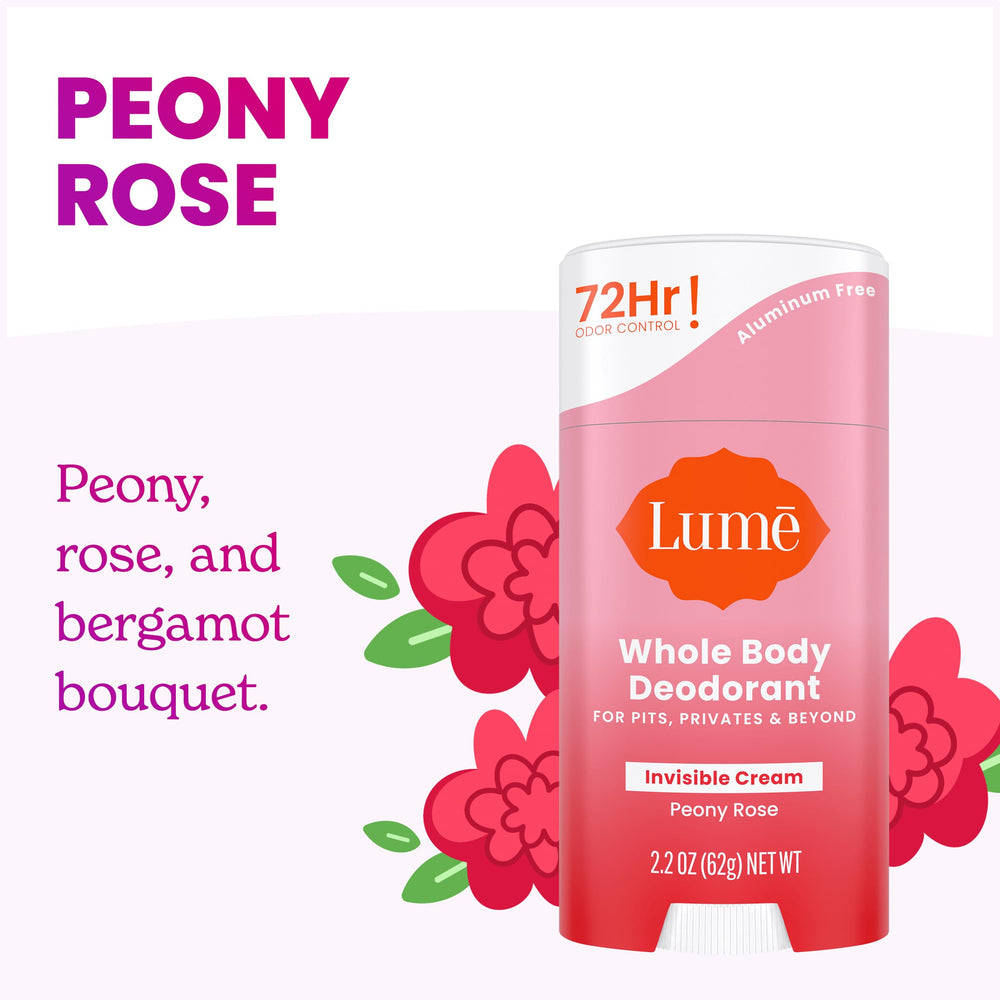 Lume Deodorant Cream Stick Peony Rose fragrance offers a light floral scent.