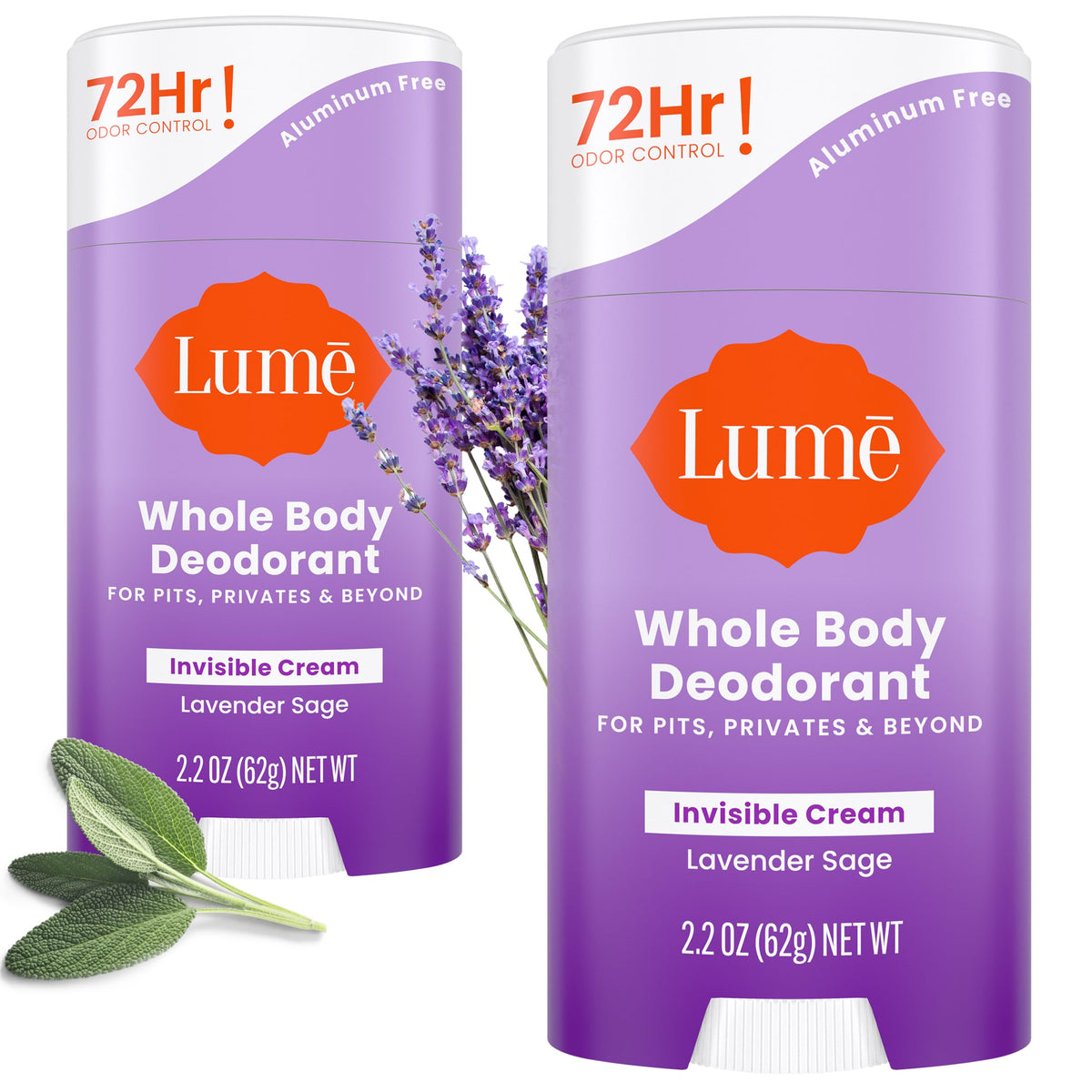 Lume Lavender Sage deodorant cream stick, front view showing aluminum-free protection for sensitive skin.