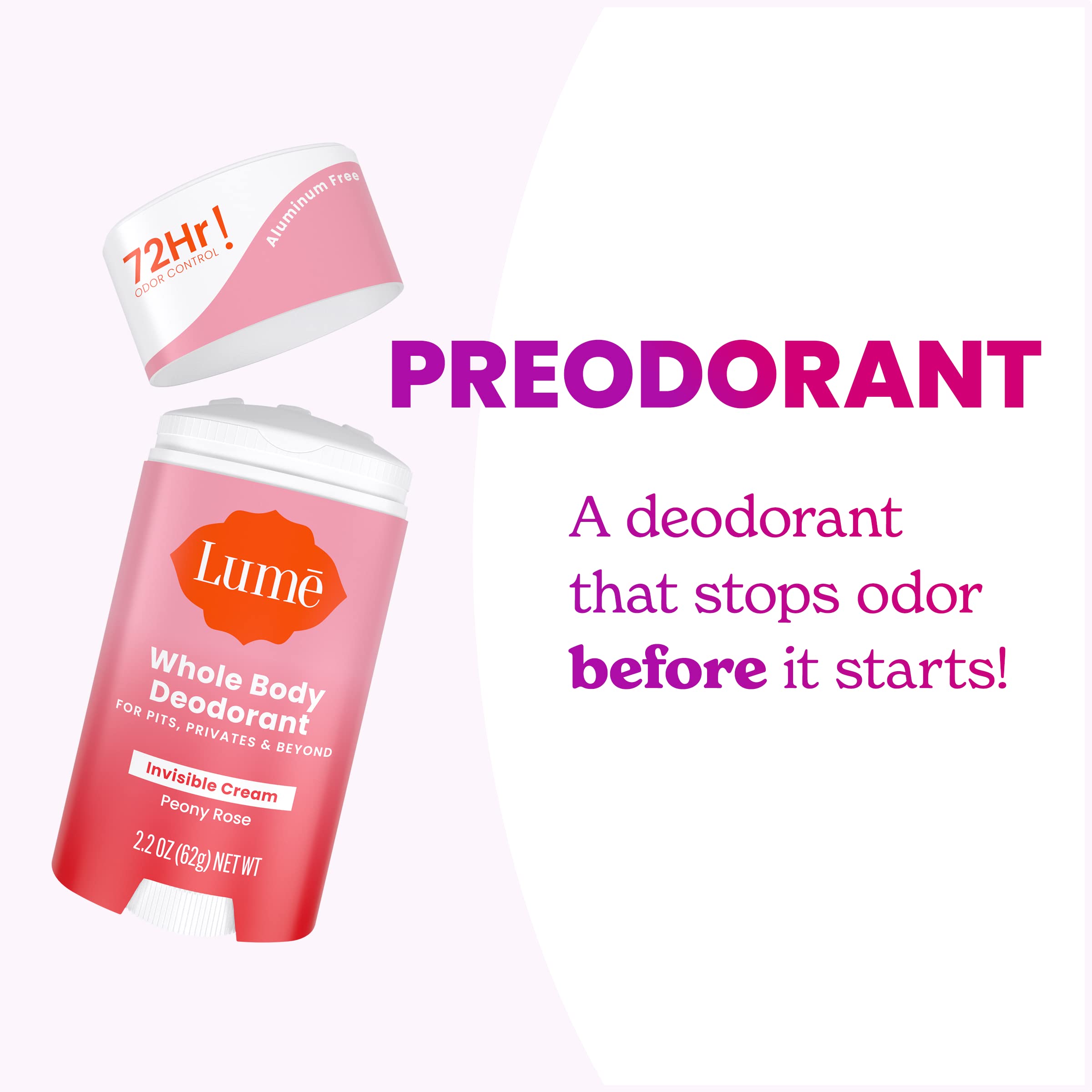 Lume Deodorant Cream Stick hypoallergenic formula supports gentle care.