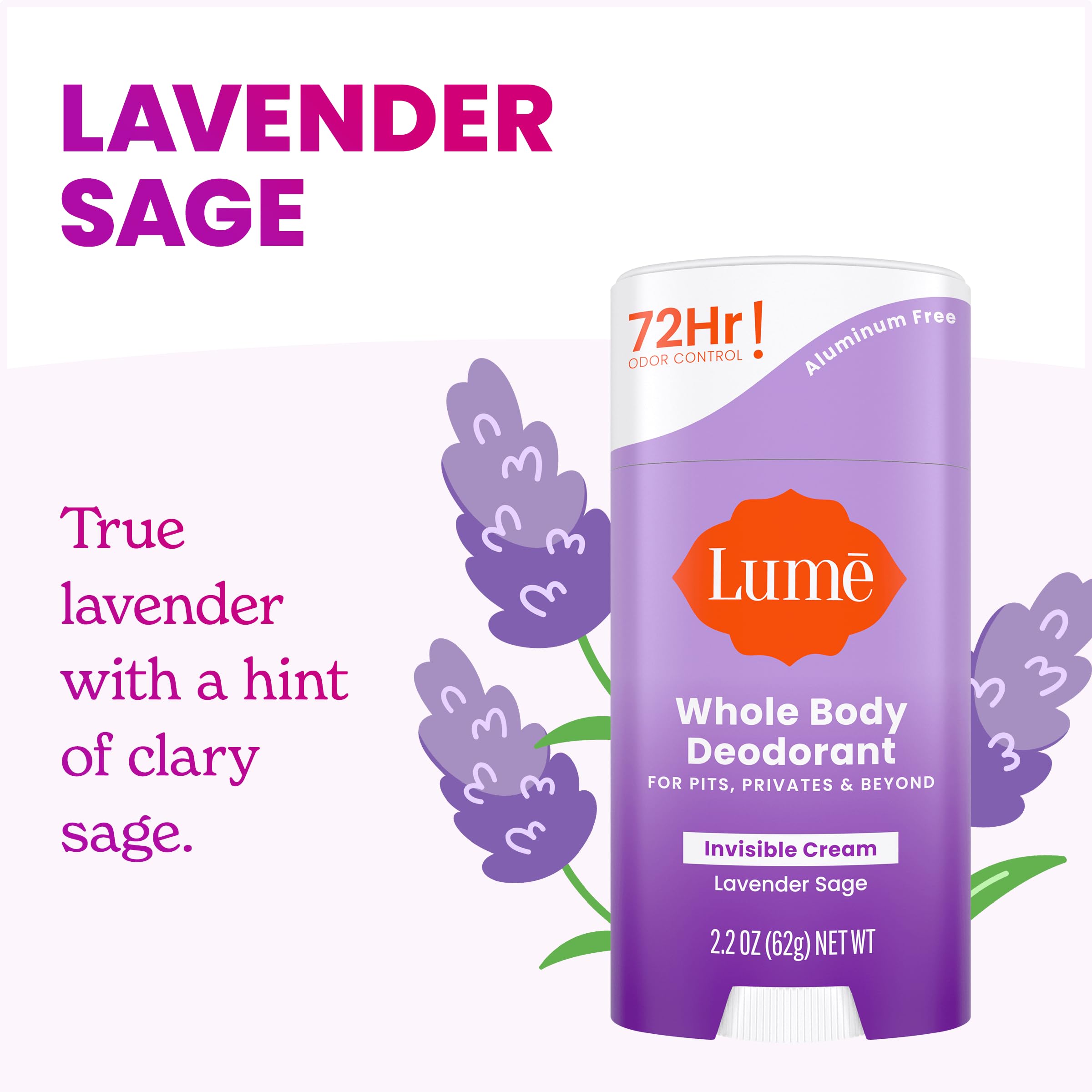 Lume Lavender Sage deodorant cream stick packaging display for retail shelves.