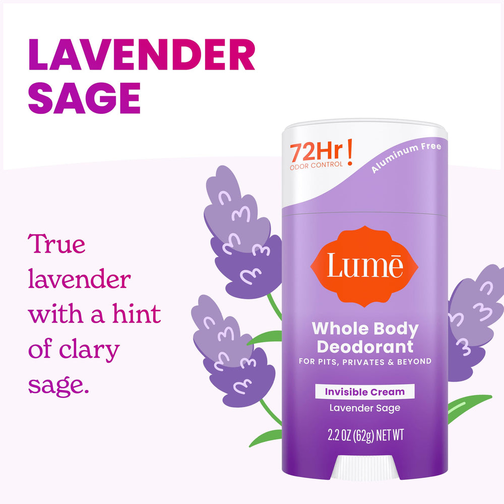 Lume Lavender Sage deodorant cream stick packaging display for retail shelves.
