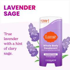 Lume Lavender Sage deodorant cream stick packaging display for retail shelves.