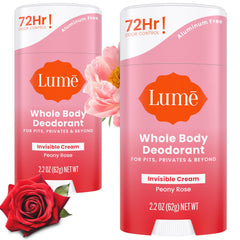 Lume Deodorant Cream Stick Peony Rose packaging highlights aluminum-free formula for sensitive skin.
