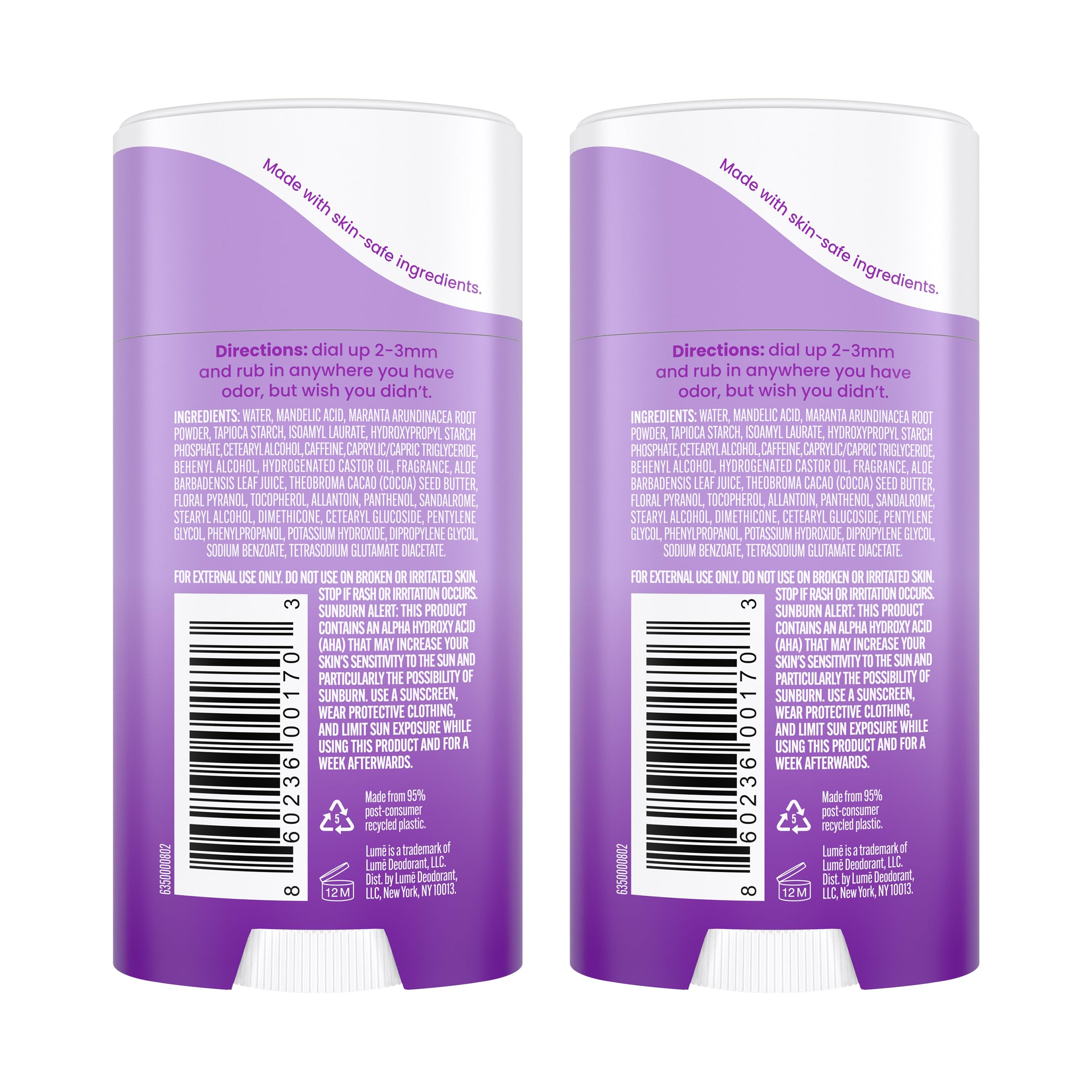 Lume Lavender Sage deodorant cream stick, side profile, compact two-pack packaging.