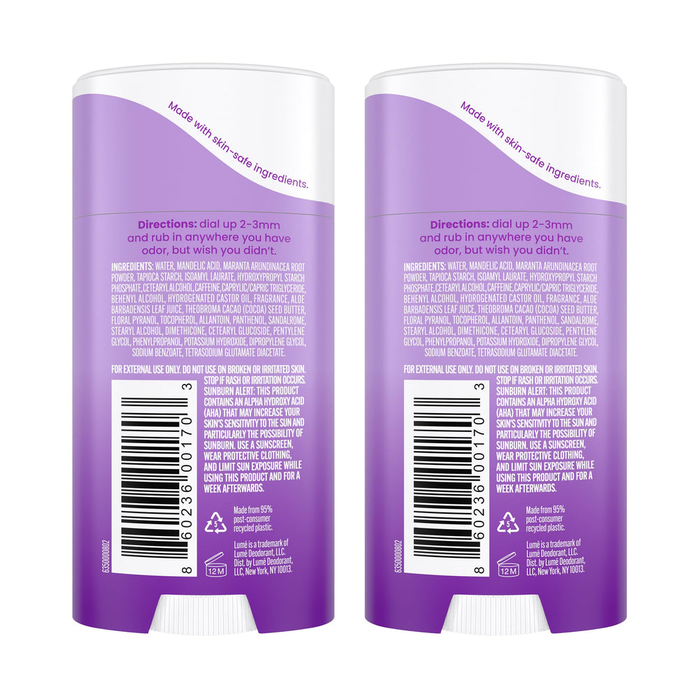 Lume Lavender Sage deodorant cream stick, side profile, compact two-pack packaging.