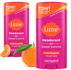 Lume Deodorant Plus Sweat Control bottle with Clean Tangerine scent for lasting freshness