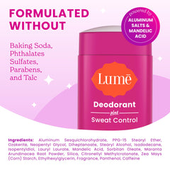 Close-up of Lume label highlighting baking soda free formula