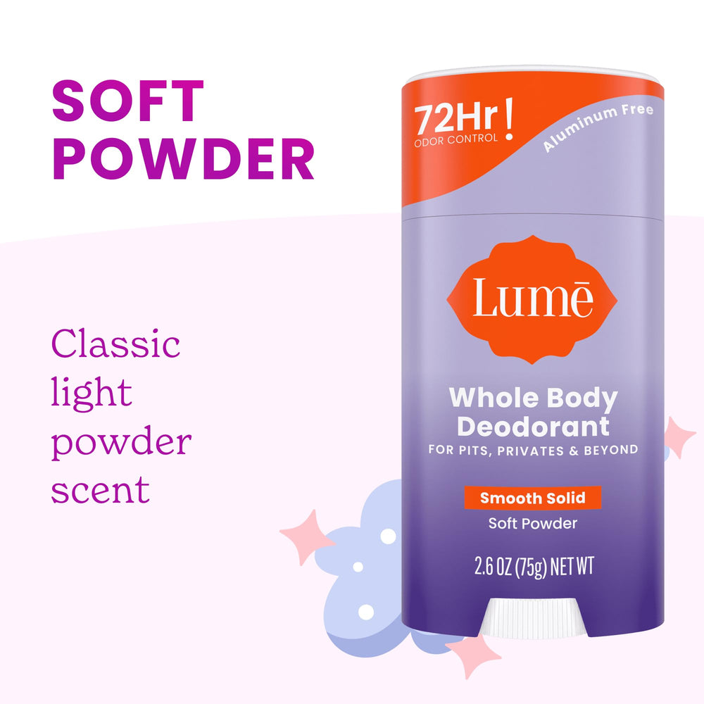 Lume hypoallergenic baking soda-free formula emphasizes skin-friendly protection.