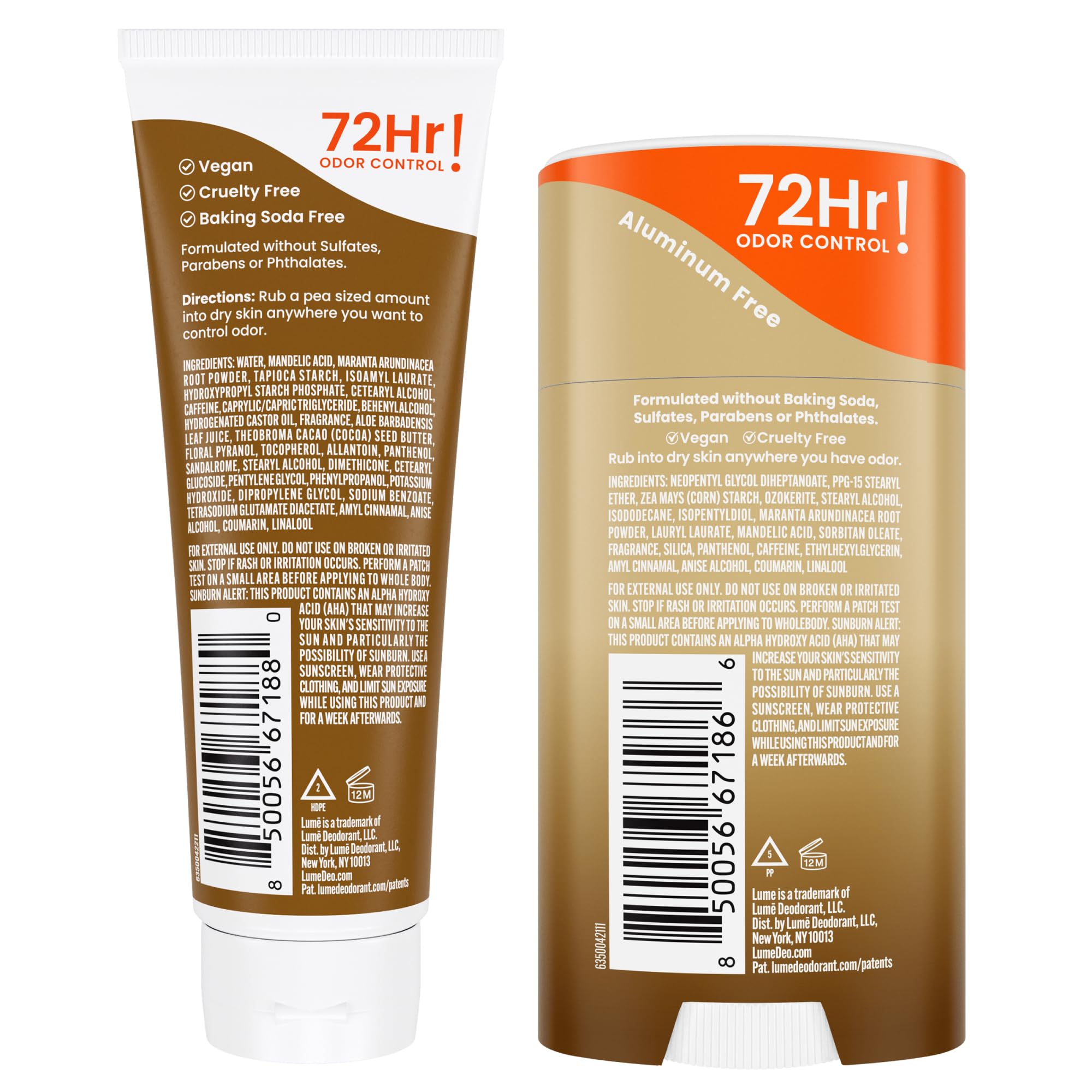 Lume hypoallergenic and baking soda-free label suitable for sensitive skin.