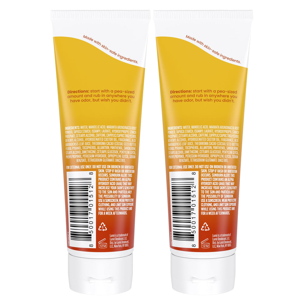 Lume invisible cream tube applied to armpit for discreet use.