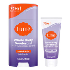 Lume mini cream tube close-up showing all-day odor control in sensitive areas.