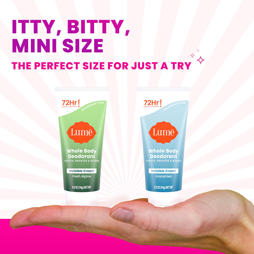 Lume mini-pack tubes side view showing compact, invisible cream format for discretion.