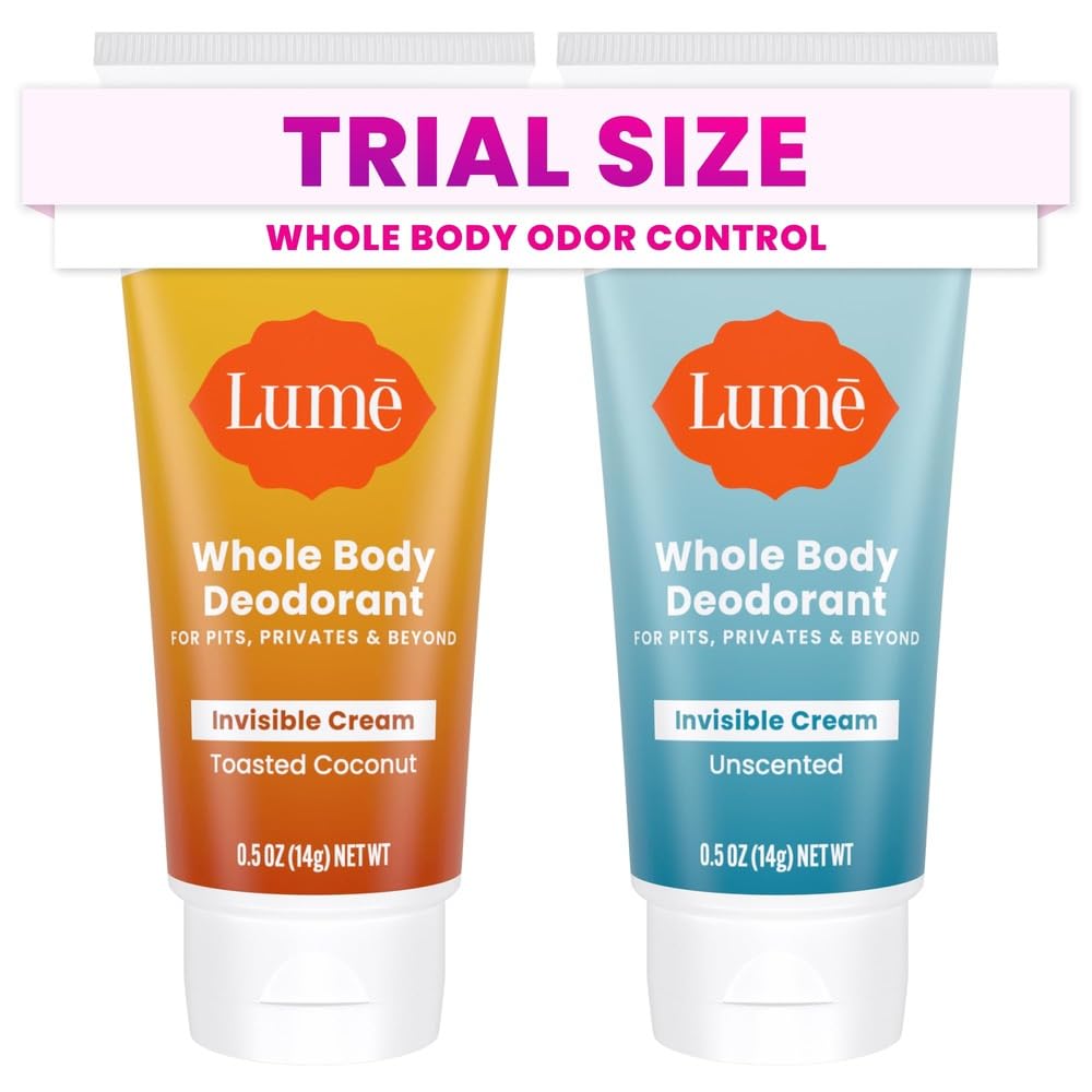 Lume mini travel toasted coconut tube, front view for on-the-go odor control.