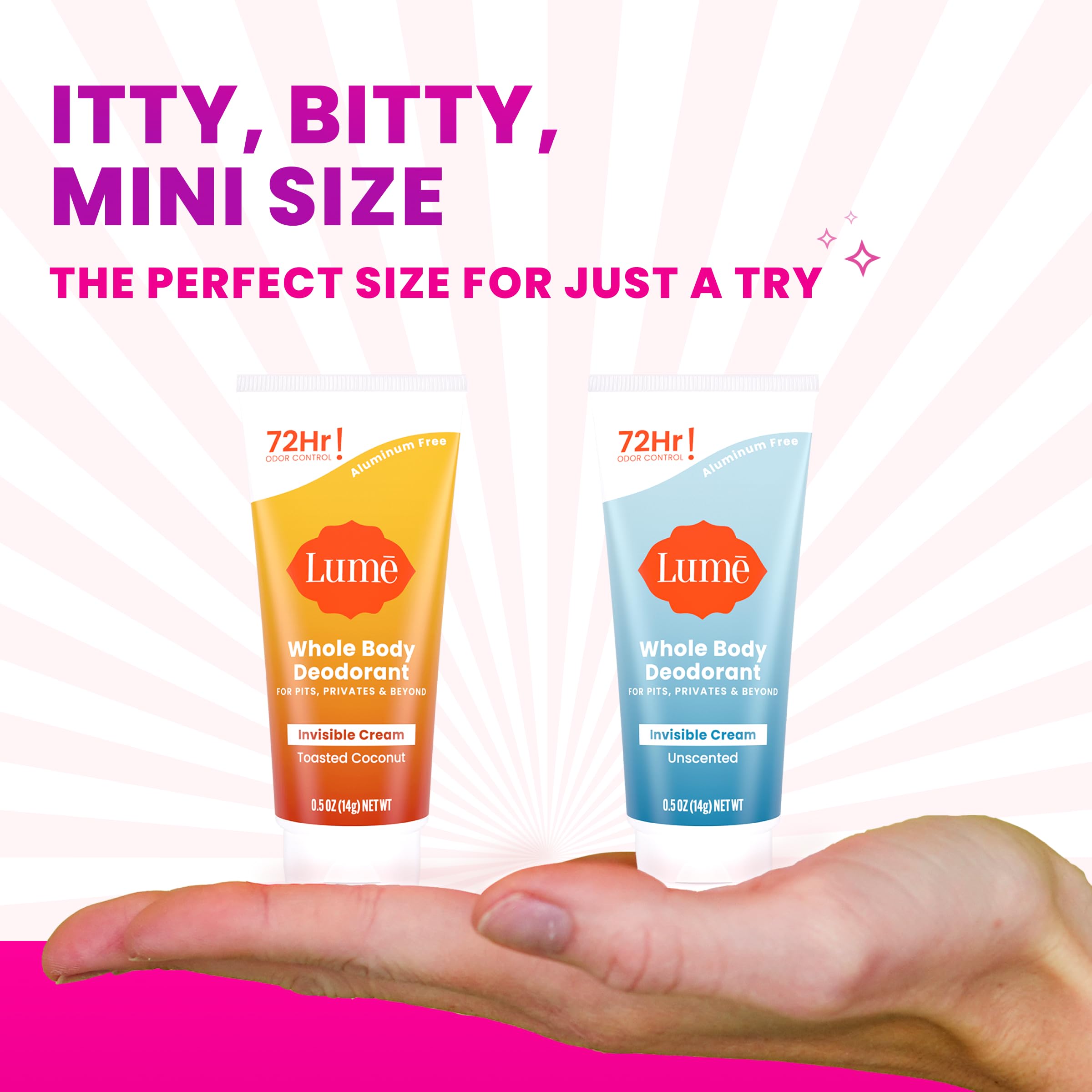Lume mini travel unscented tube, front view for discreet odor control.