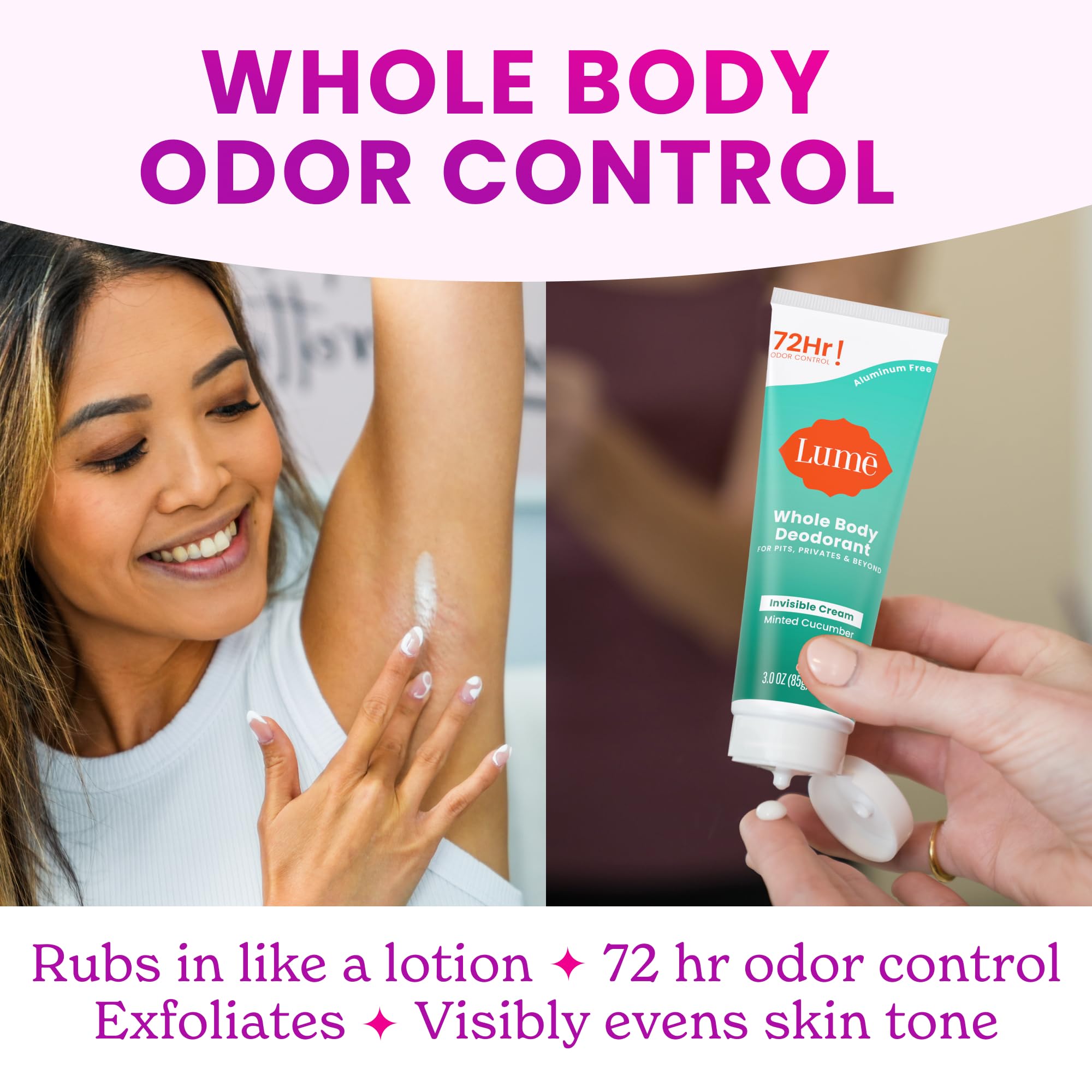 Lume odor-control graphic illustrating 72-hour protection.