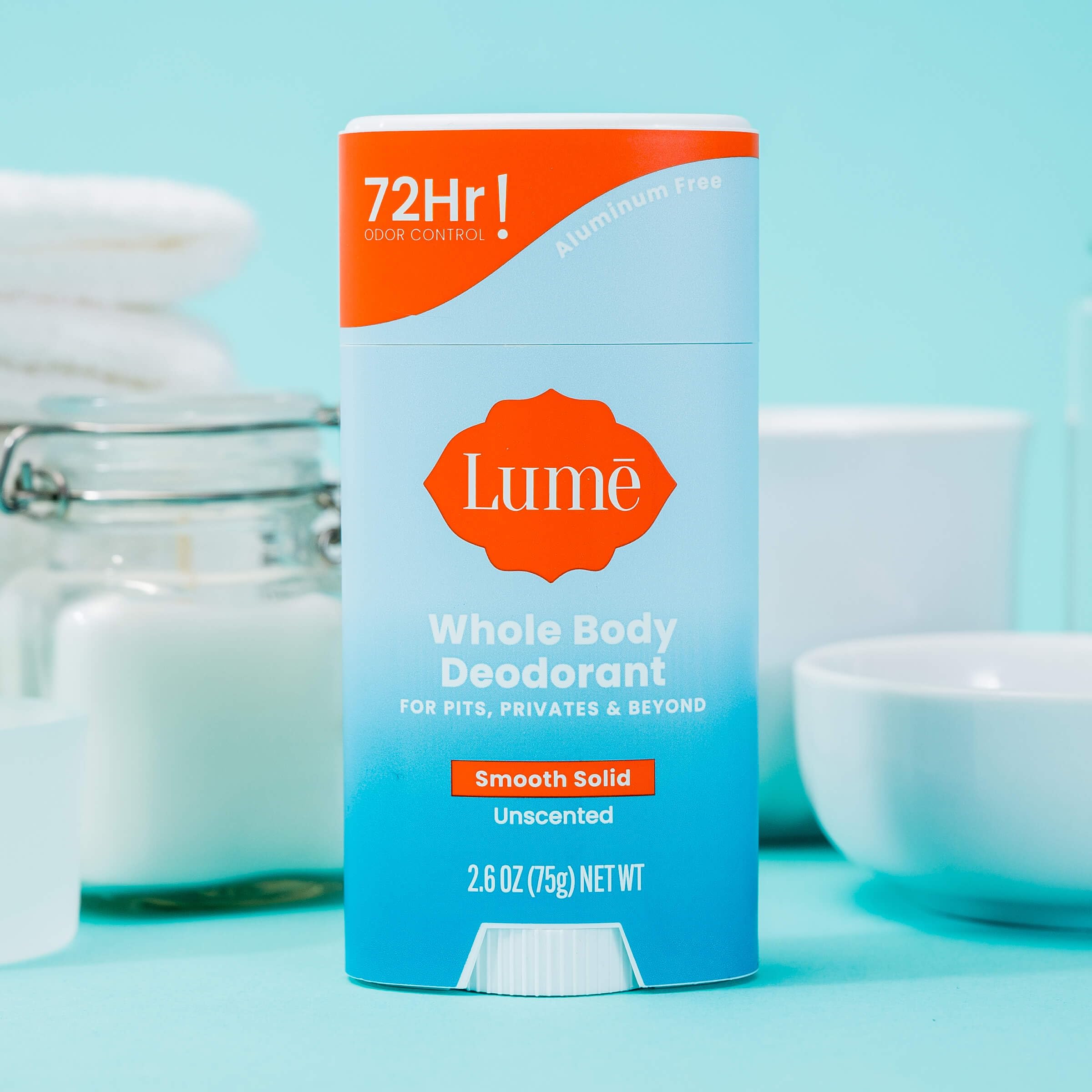Lume packaging close-up highlights aluminum-free and baking soda-free formula.
