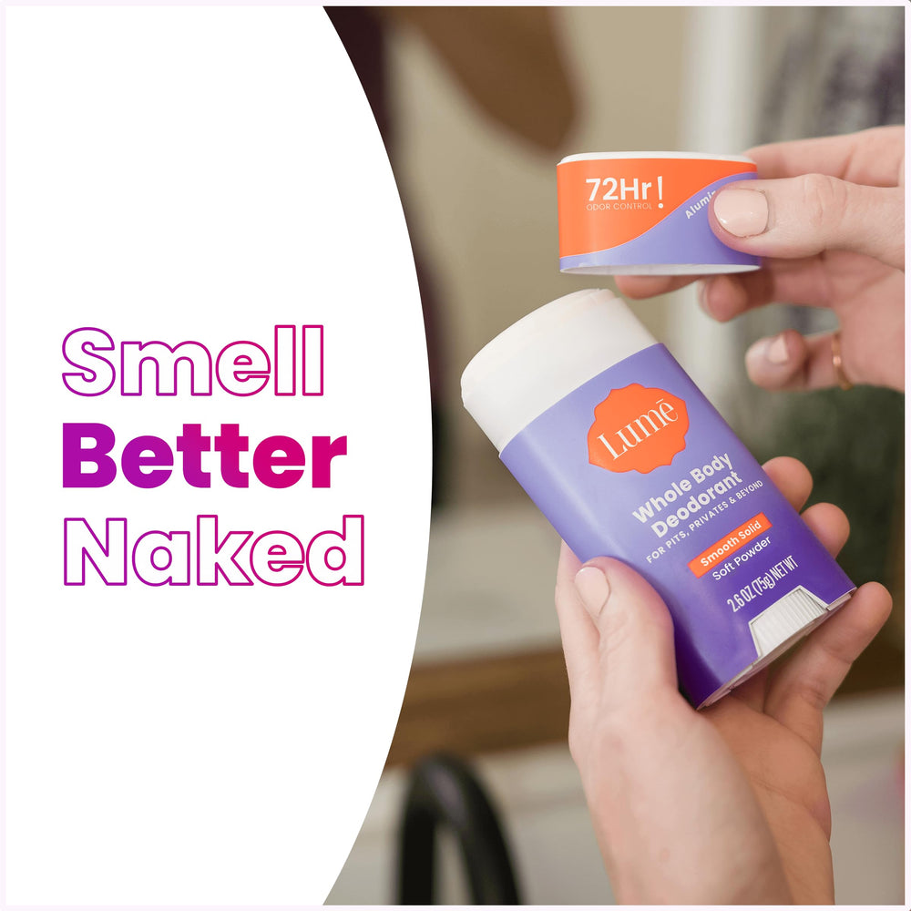Lume packaging with brand label emphasizing aluminum-free and baking soda-free promise