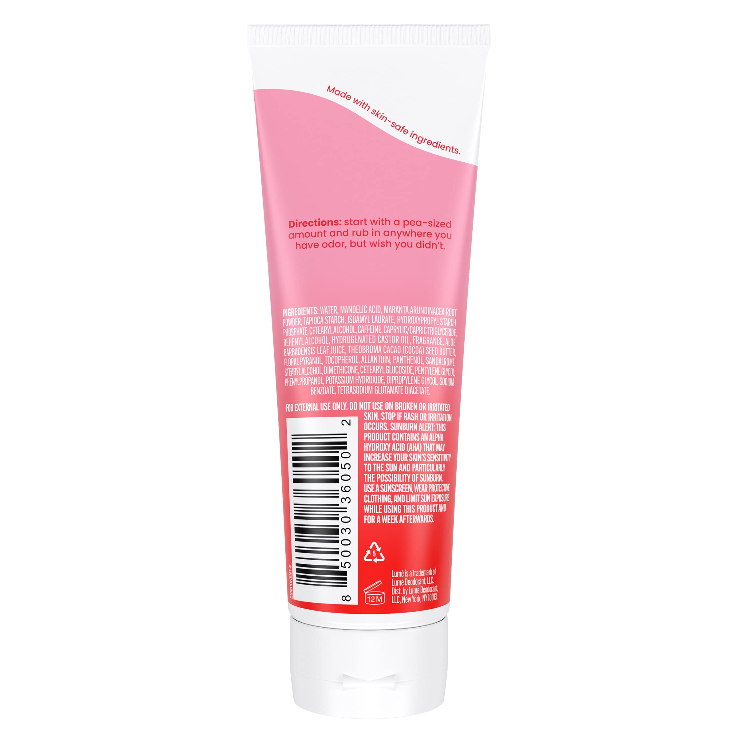 Lume Peony Rose packaging highlights baking soda-free formula.