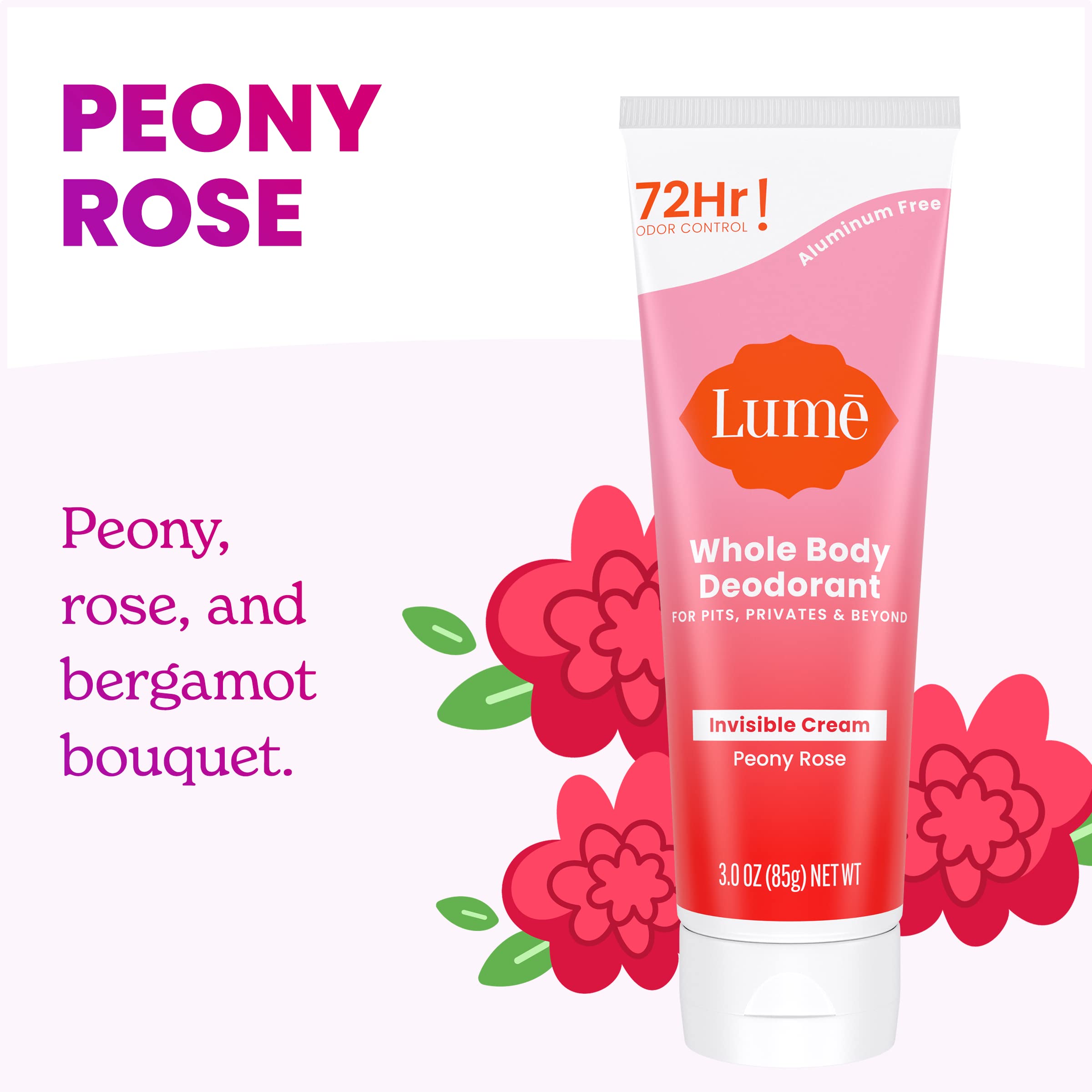 Lume Peony Rose packaging on shelf highlights aluminum-free formula.