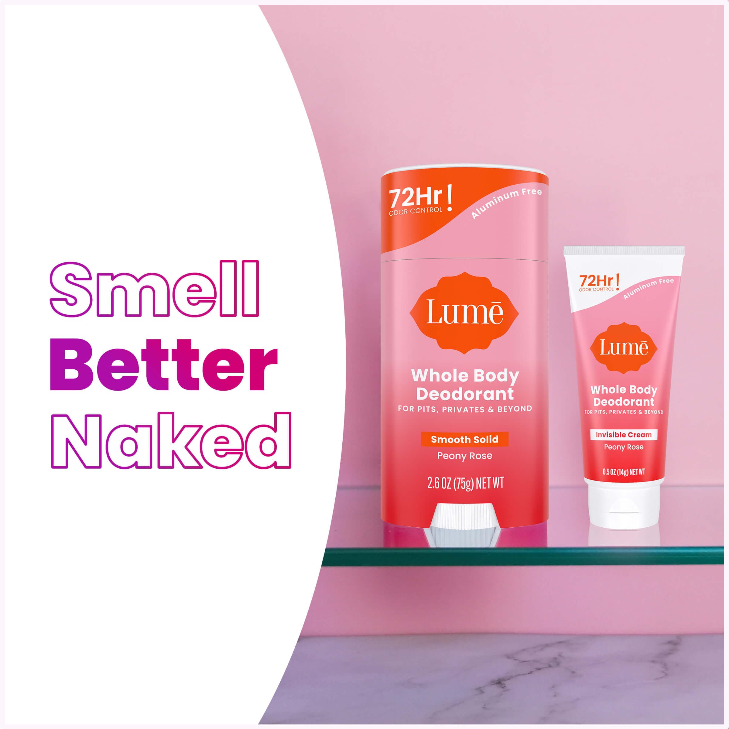 Lume Peony Rose skin-tone evening formula visible on the skin.
