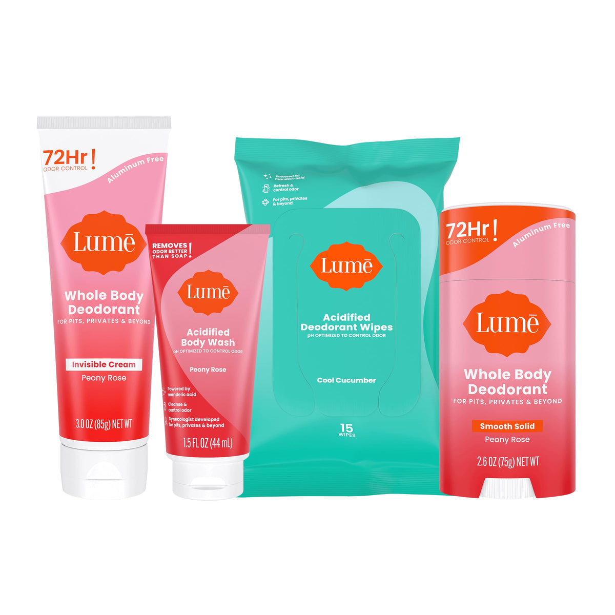Lume Peony Rose Smooth Solid Stick for all-day odor control and skin comfort.