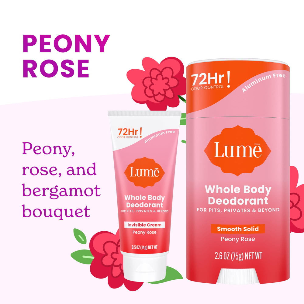 Lume Peony Rose solid stick gliding smoothly on skin for odor protection.