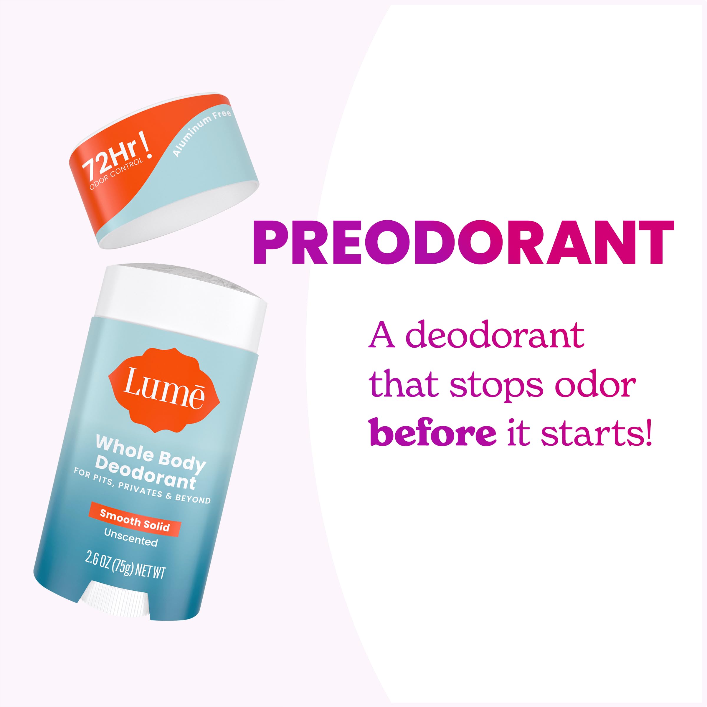 Lume deodorant stick on neutral background emphasizes skin-friendly formula.
