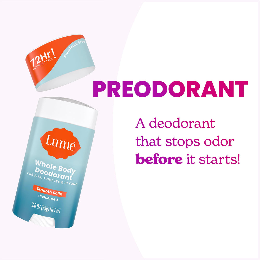 Lume deodorant stick on neutral background emphasizes skin-friendly formula.